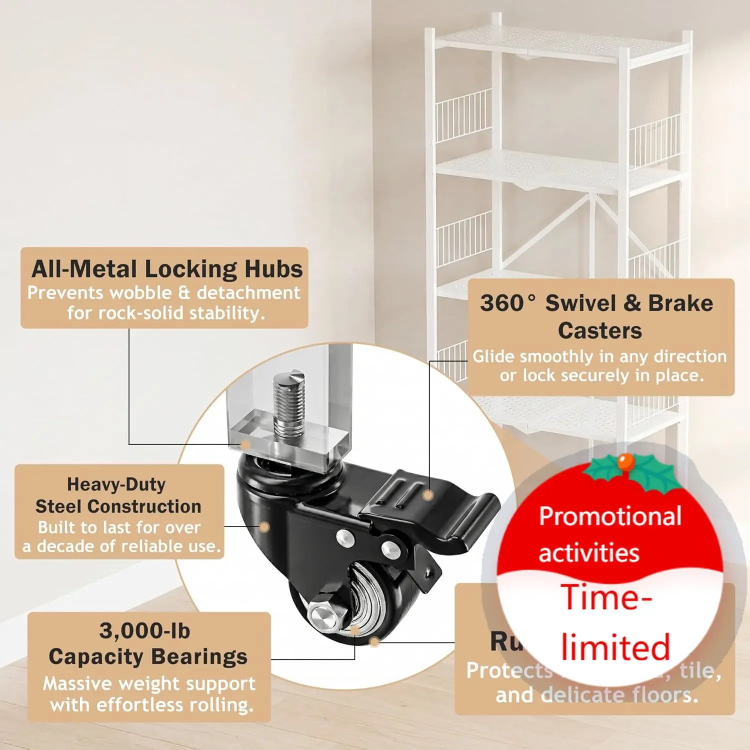 

5-Tier Folding Shelves with Wheels, 1100LBS Heavy Duty Metal Foldable Shelving Unit, No Assembly Collapsible Storage Rack Organi