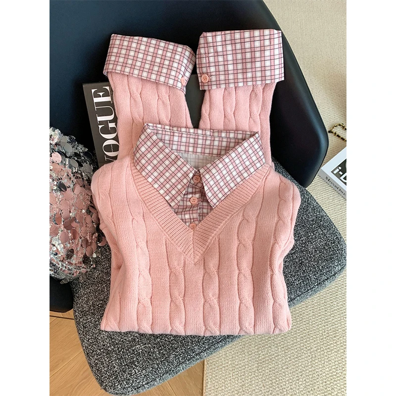 MEXZT Süße Rosa Pullover Frauen Harajuku Plaid Patchwork Gestrickte Pullover Koreanische Langarm Strickwaren Winter Mode Jumper