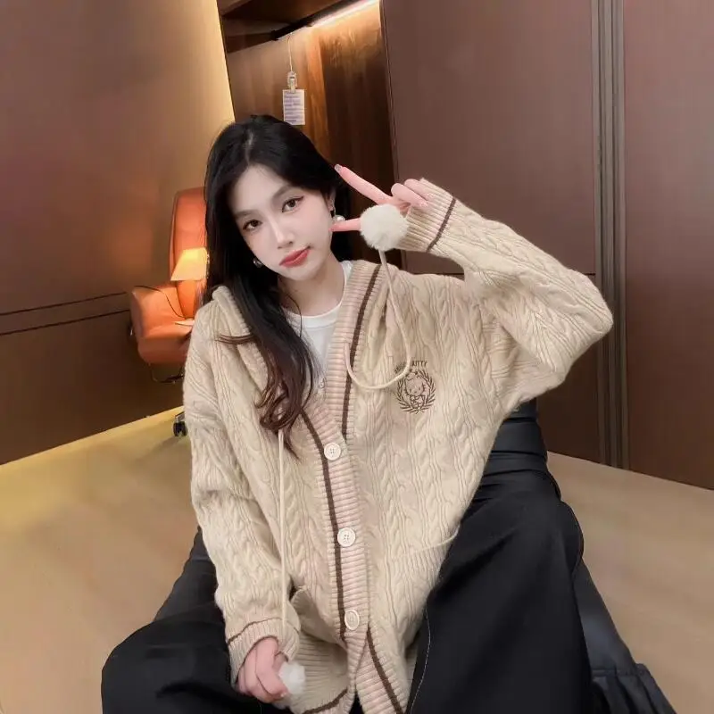 

Новая большая модная женская одежда, ленивый стиль, кардиган с капюшоном, топы, осенний вязаный свитер с длинными рукавами и узором из жареного теста, пальто