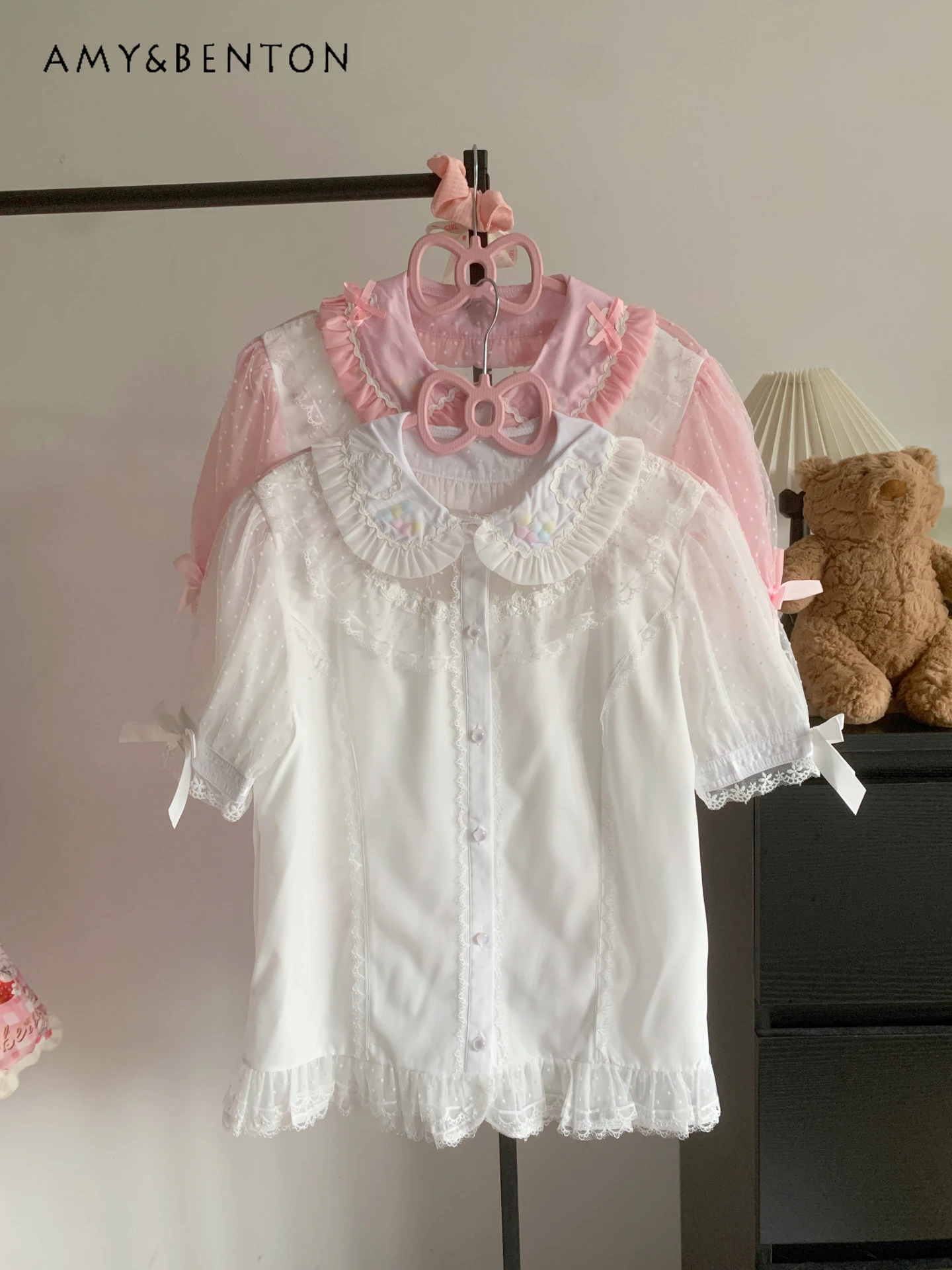 

Sweet Lolita Inner Top Japanese Cute Doll Collar Mesh Splicing Short-sleeved Shirt Women Polka Dot Printing Loose Slim Blouse