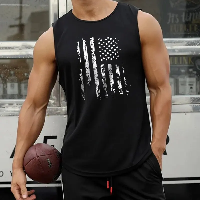 2024 Nowy męski sportowy trening uliczny bez rękawów Tank Top Casual Muscle Fashion Hip Hop Fitness Flag Digital Print Tank Top