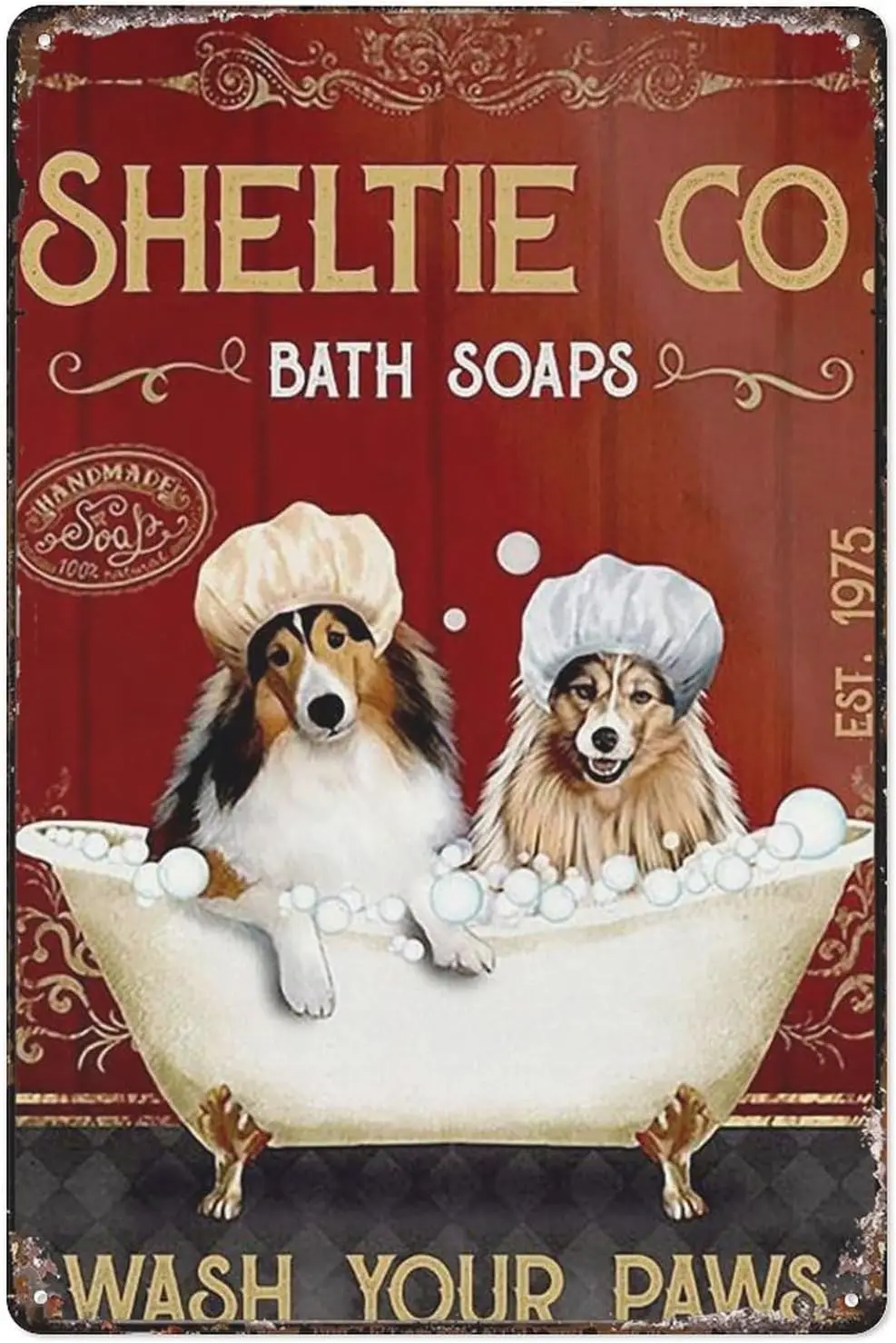 Vintage Tin Sign Red Shetland Sheepdog Wash Your Paws Poster Bathroom Wall Decoration Cave Bar Kitchen Home Decoration Sign 8X12