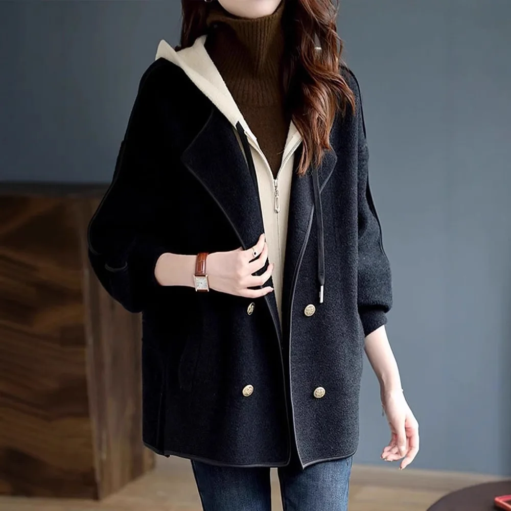 2025 가을 겨울 신상 여성용 울 캐주얼 트렌디 더블 브레스티드 컬러코드 긴 소매 후드 울 재킷 여성 코트