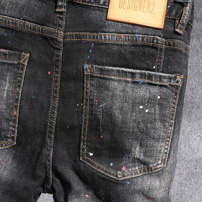 Street Fashion Men Jeans Retro Black Gray Stretch Slim Fit Printed Ripped Jeans Men Painted Designer Hip Hop Denim Pants Hombre