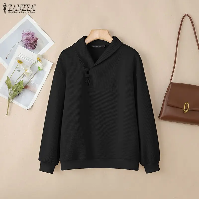

ZANZEA Повседневные уютные толстовки для женщин с отложным воротником, длинными рукавами, однотонные, вязаные в рубчик, пуловеры, весенне-осенняя женская одежда, размер 3XL