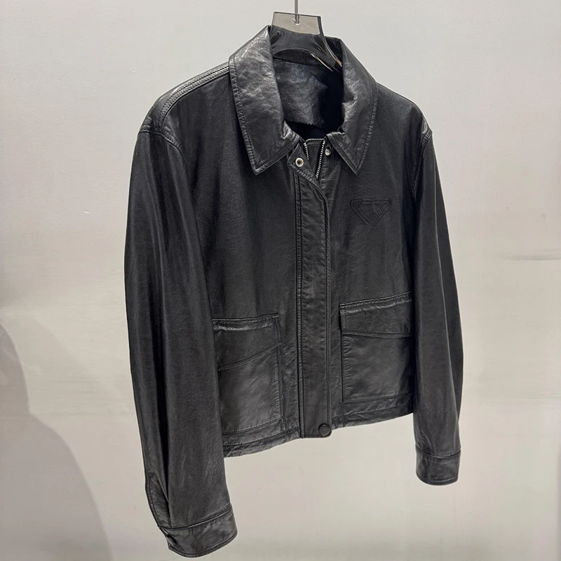 Giacca casual in vera pelle da donna retrò olio invecchiato cerve caffè/nero femminile bavero primo strato cappotti di pelle di pecora top 2026