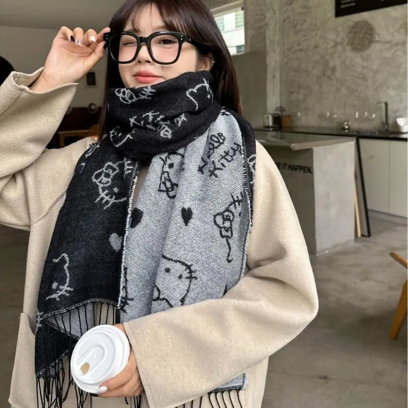 MINISO Sanrio Hello Kitty anime scarf for women autumn winter knitted scarf for girls warm windproof simple scarf birthday gift