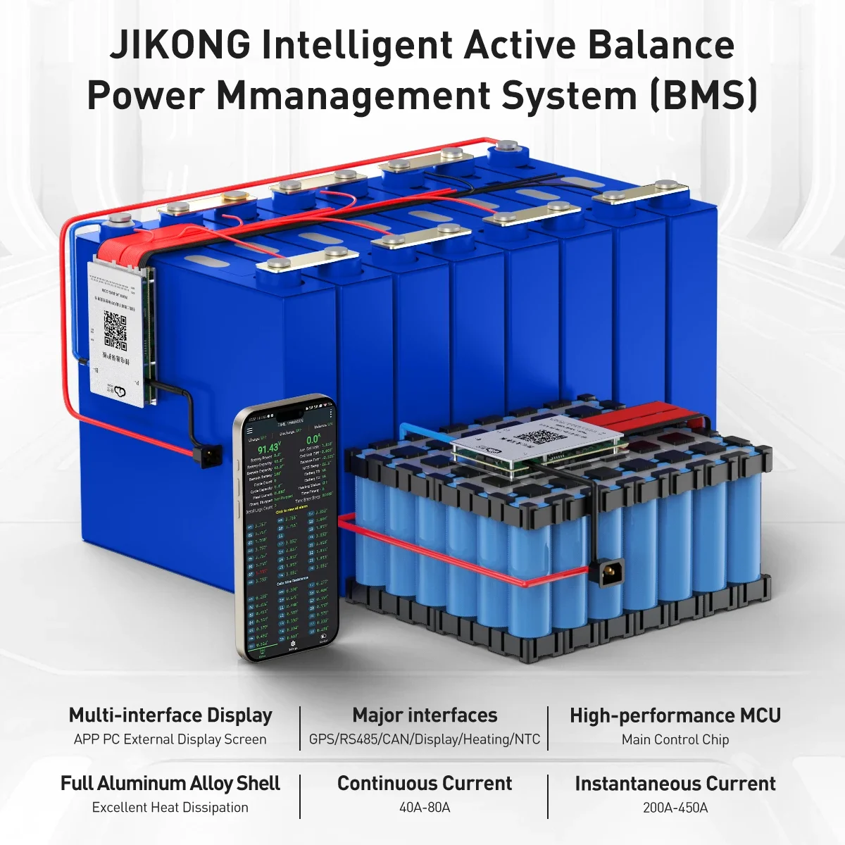 JlKONG JK-BD6A20S8P Smart Active BMS Supports 8S-20S Cells Compatible With Li-ion Lifepo4 LTO Batteries 80A Balance Current 0.6A