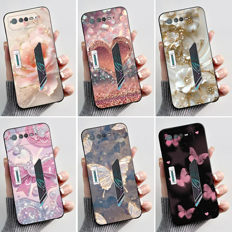 Para asus rog phone6 casos para asus rog telefone 6 pro caso macio silicone preto escudo capa bonito flor dos desenhos animados impressão capa de telefone