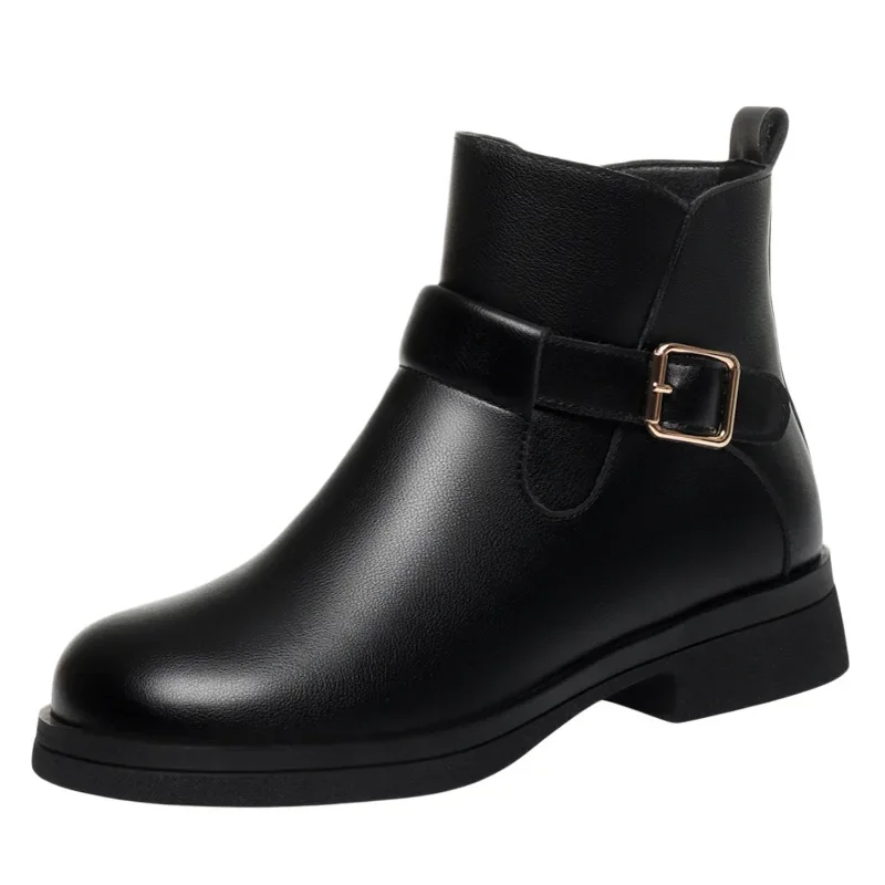 موضة مريحة أحذية من الجلد الناعم المرأة أحذية الشتاء 2026 كعب مربع دافئ قصير الفراء أفخم حذاء من الجلد لمكتب أمي #5