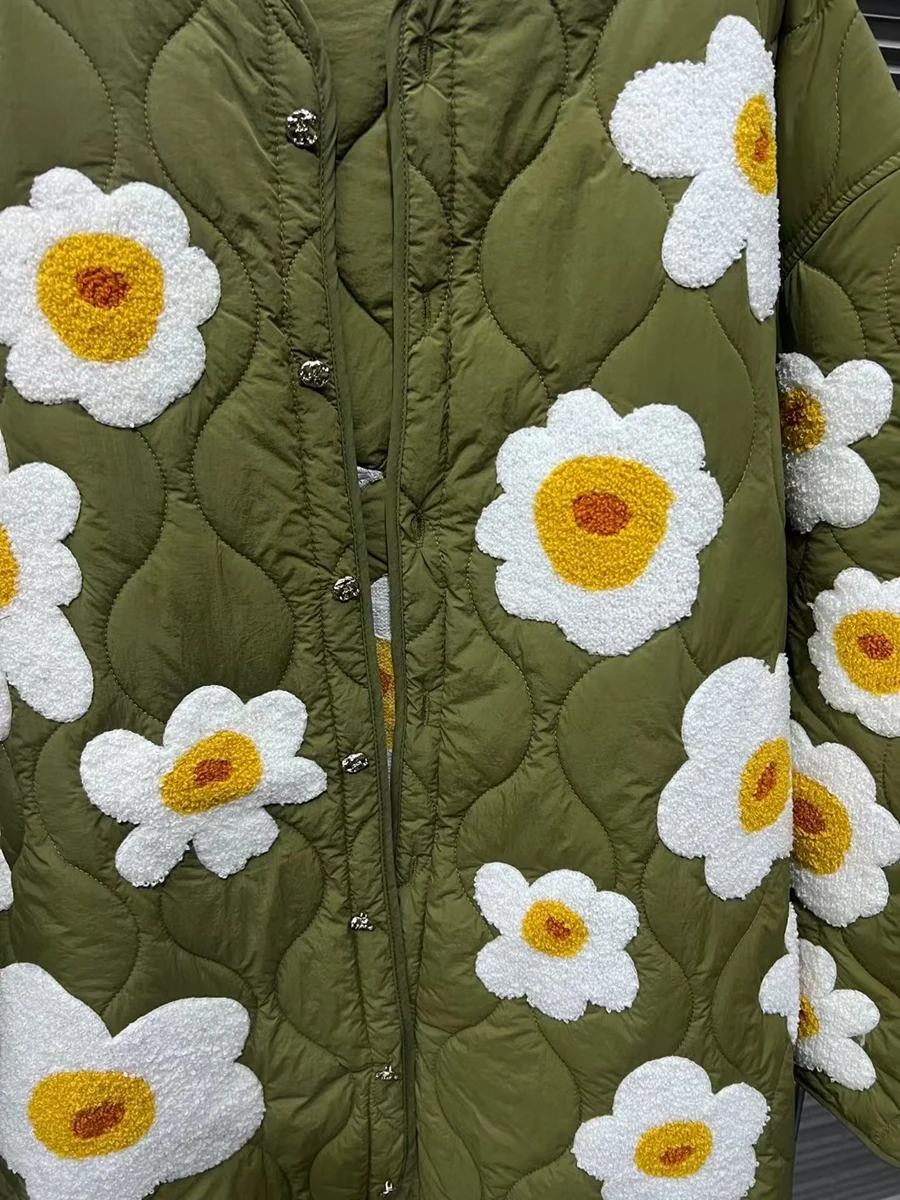 VGH Embroidery Flower Design Quilted Coat for Women V Neck Loose Long Sleeve Patchowrk Single Breasted Down Jacket Female Winter