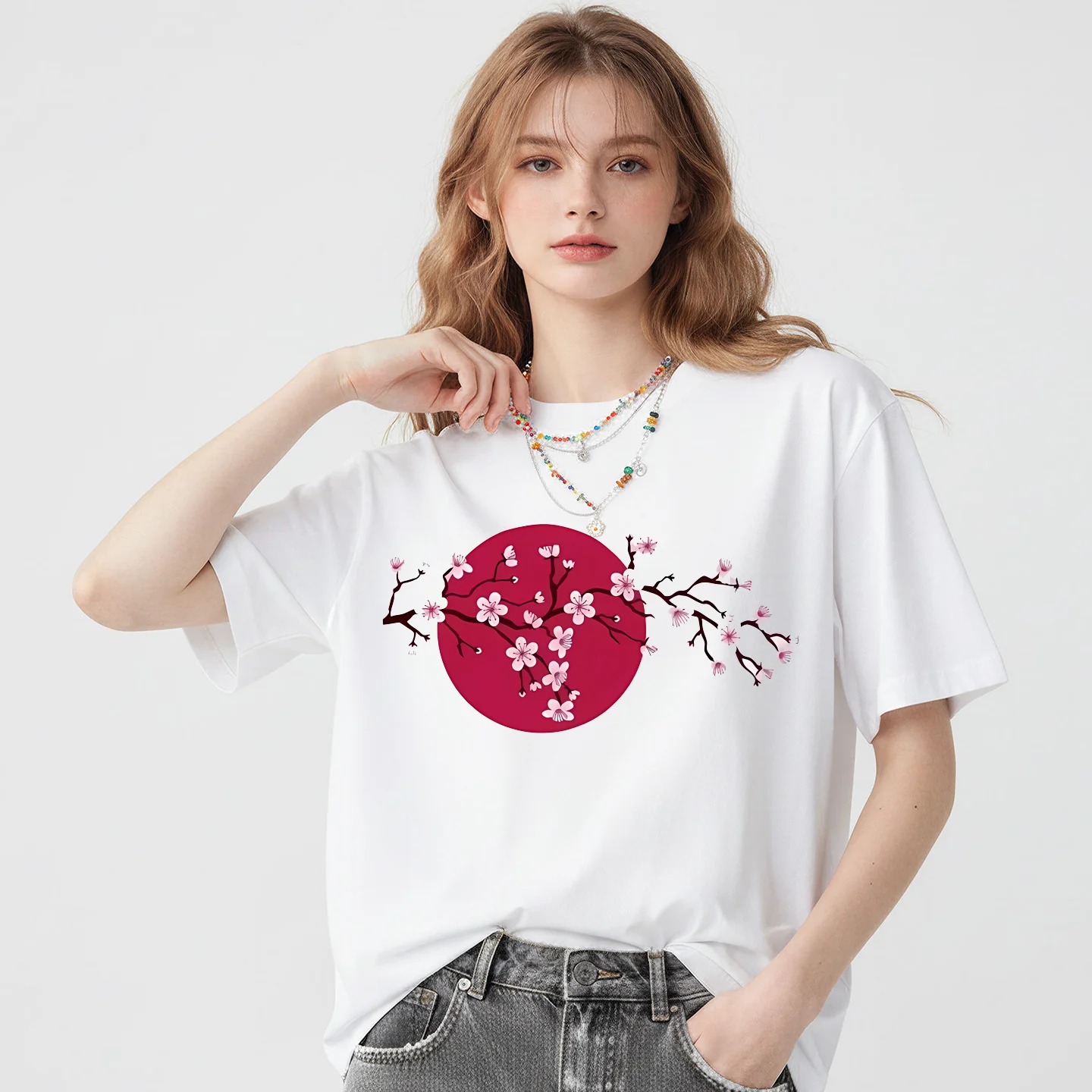 

Flower Plant Pattern Cute Cartoon Retro Base Shirt Short Sleeve T-shirt Women European and American Style Summer polyester