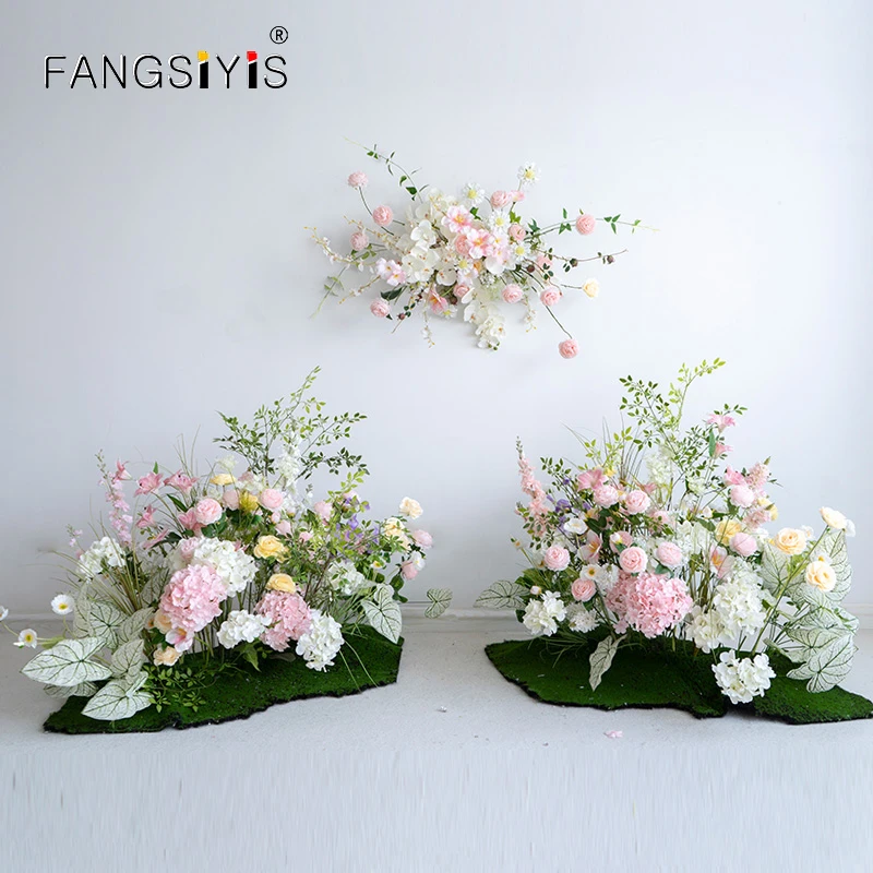 pink-white-rose-hydrangea-green-leaf-floor-flower-wedding-backdrop-decor-flower-row-arrangement-hotel-scene-layout-party-props
