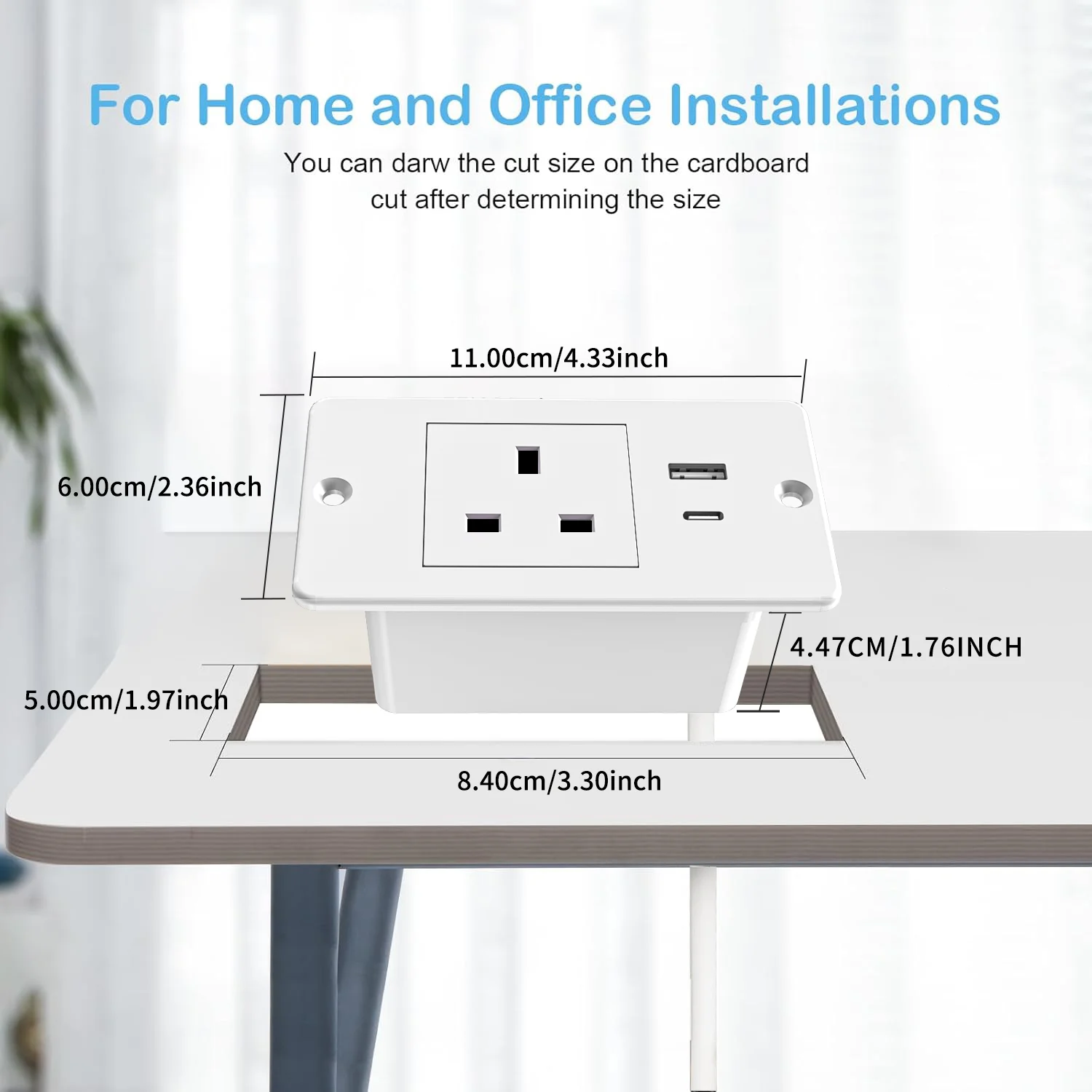 UK White Recessed Mini Power Strip 1 AC Outlet USB A USB C Ports 1.5M Cord Space Saving Flush Mount Desk Socket for Furniture