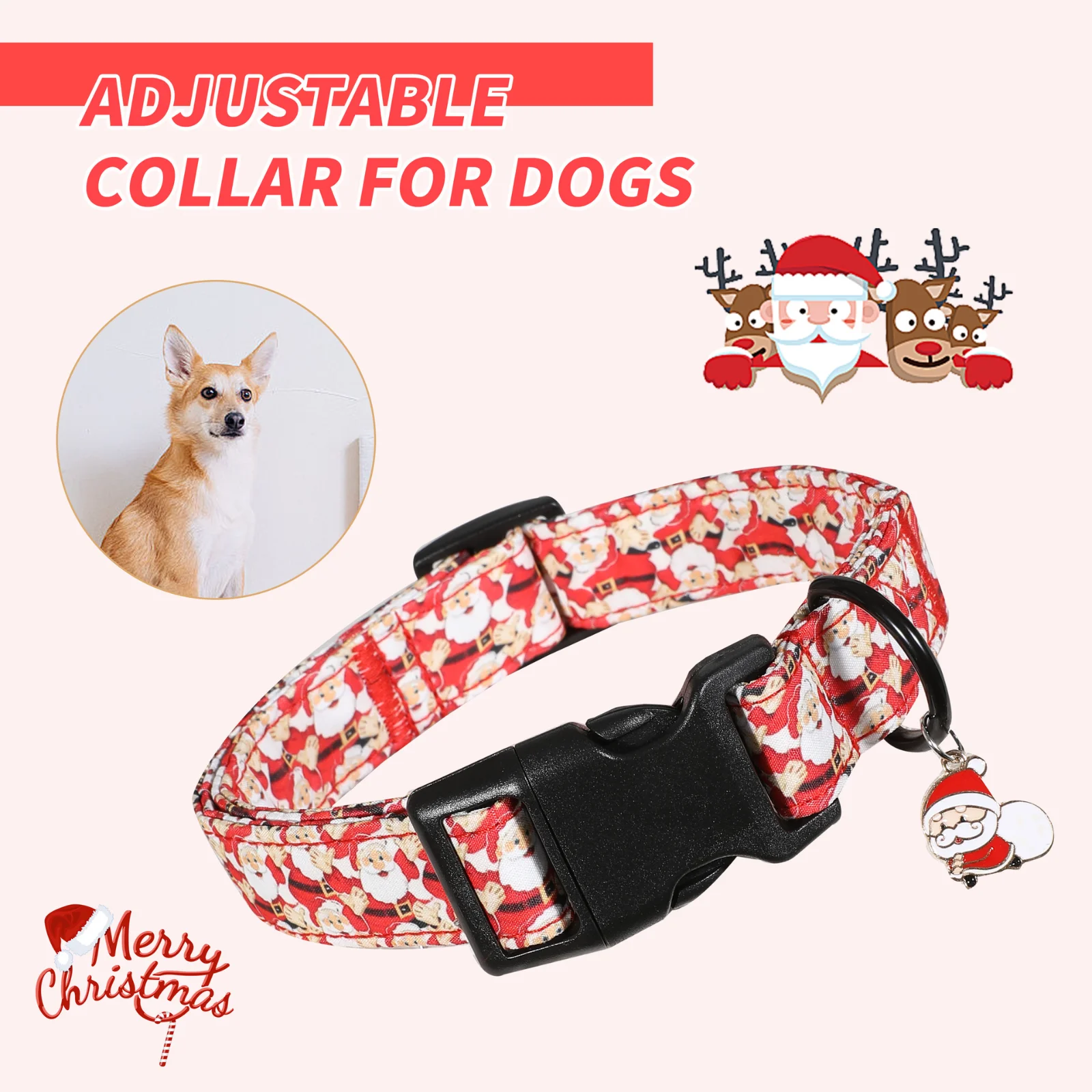 Christmas Dog Collar with Fancy Santa Pattern Adjustable Buckle D-ring Festive Pet Accessory for Dogs Perfect for Holiday Season