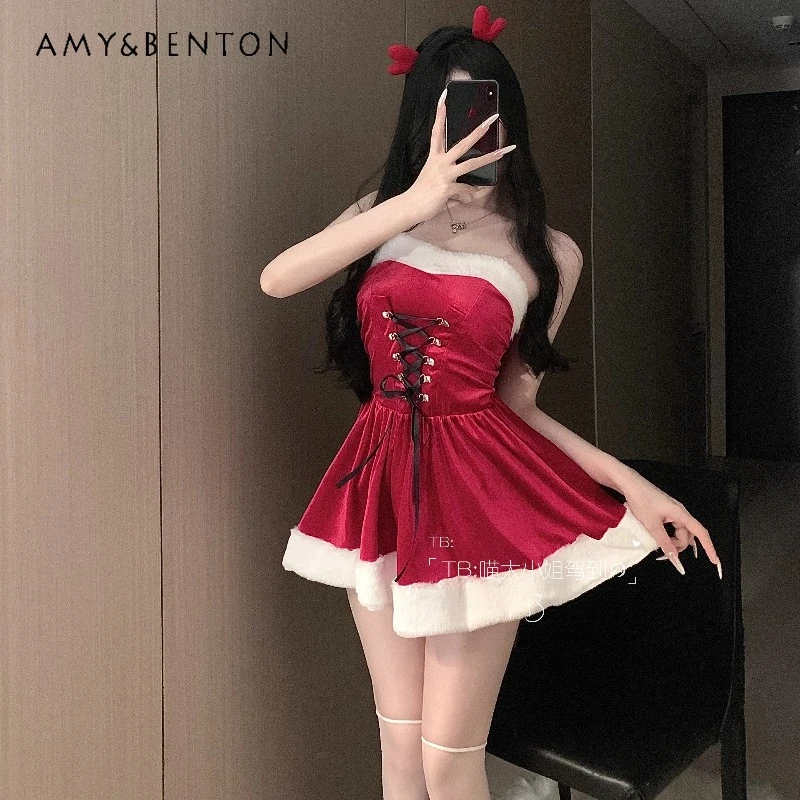 

Christmas Sexy Women's Dress 2025 Autumn Winter Red Velvet Splicing Sweet Cool Hot Girl Lace-Up Sleeveless Dresses Set Ladies