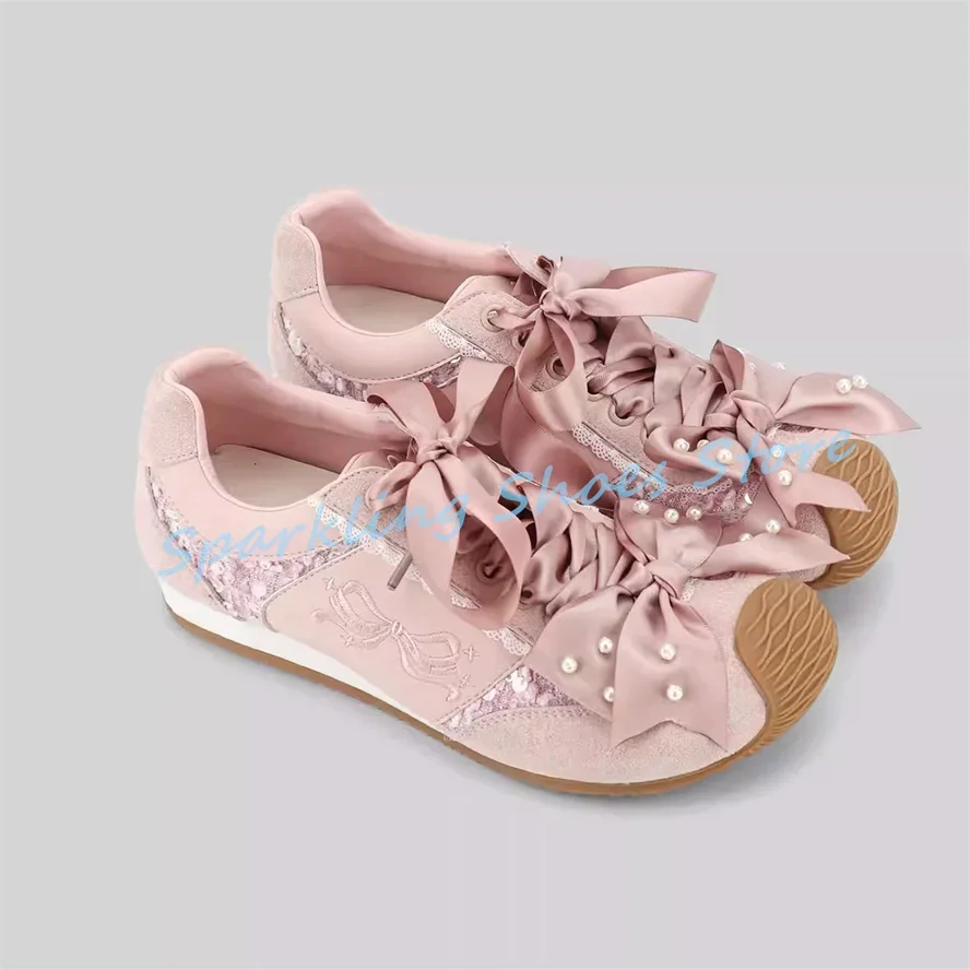 

Fashion Lace Butterfly Knot Decor Women Sneakers Mixed Color Embroidery Ballet Flats 2025 Summer Ladies Casual Sport Shoes