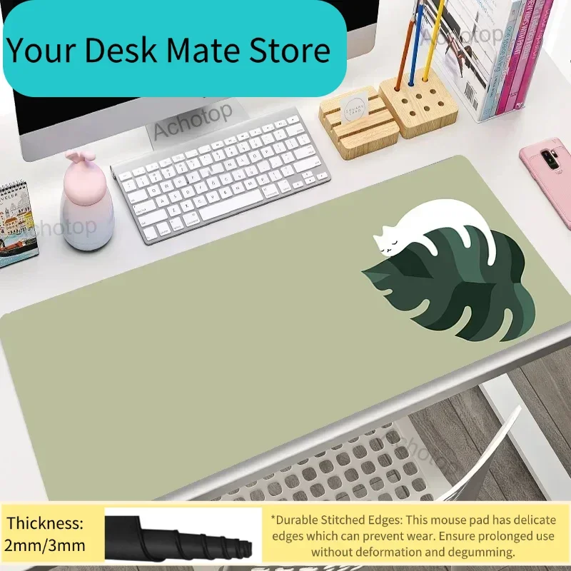 Minimalistisches Katzen-Monstera-Gaming-Mauspad, weiche, salbeigrüne Schreibtischunterlage, rutschfeste Tastaturunterlage