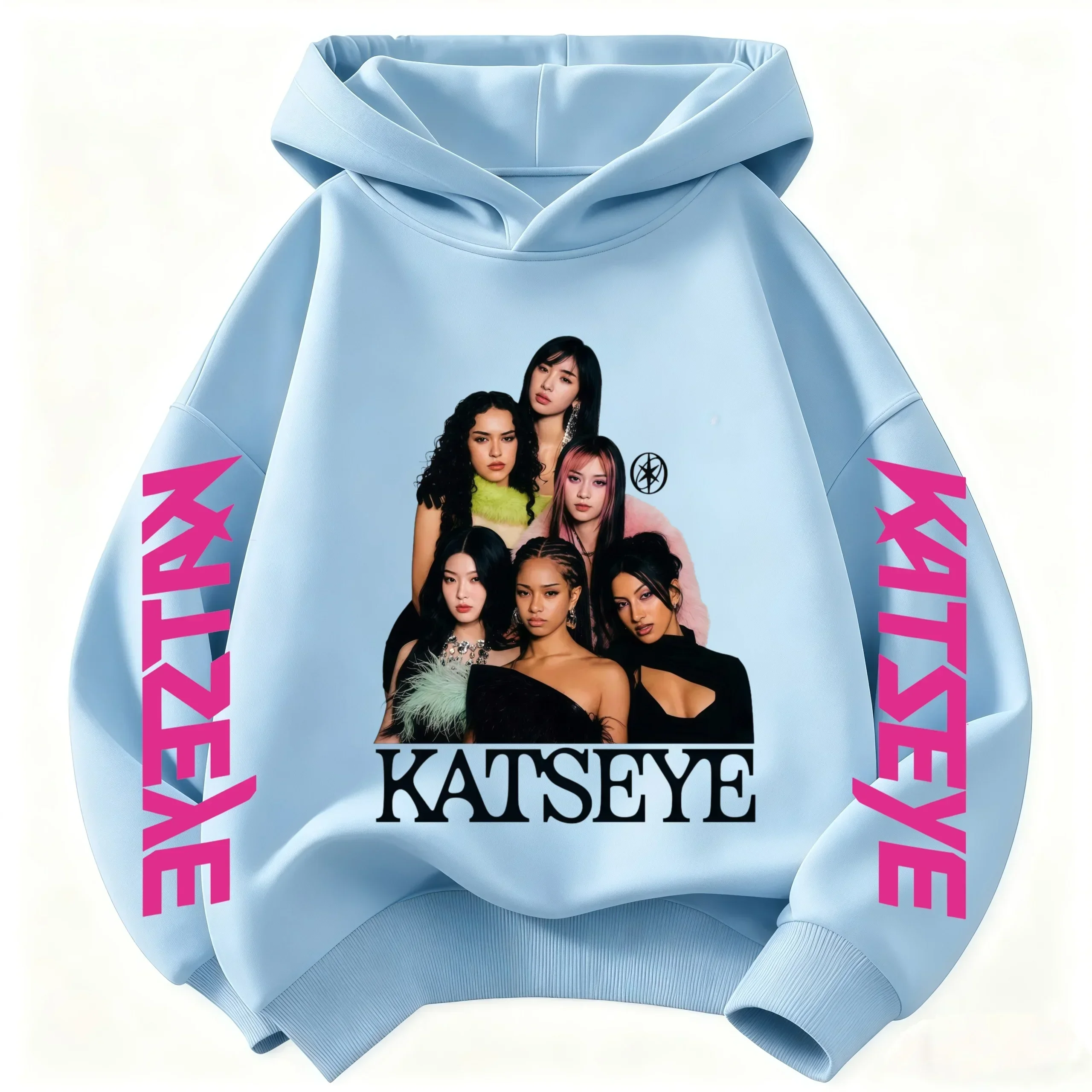 KATSEYE Merch Hoodie Hooded Sweatshirt, Beautiful Chaos Pink Graphic Long Sleeve Pullover Casual Streetwear Fan Autumn Tops