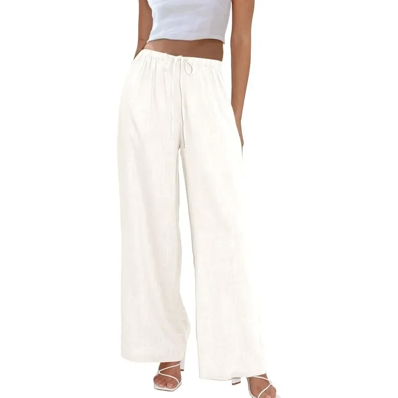 

Женские широкие брюки из хлопка и льна, повседневные свободные прямые брюки с завязками и высокой талией, пляжная одежда, праздничные модные брюки 2025