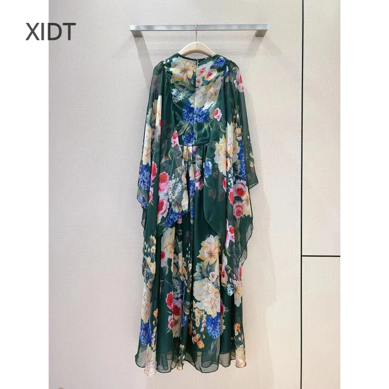 2024 New high-end custom printed green large hem dress, elegant and fashionable, with a long design