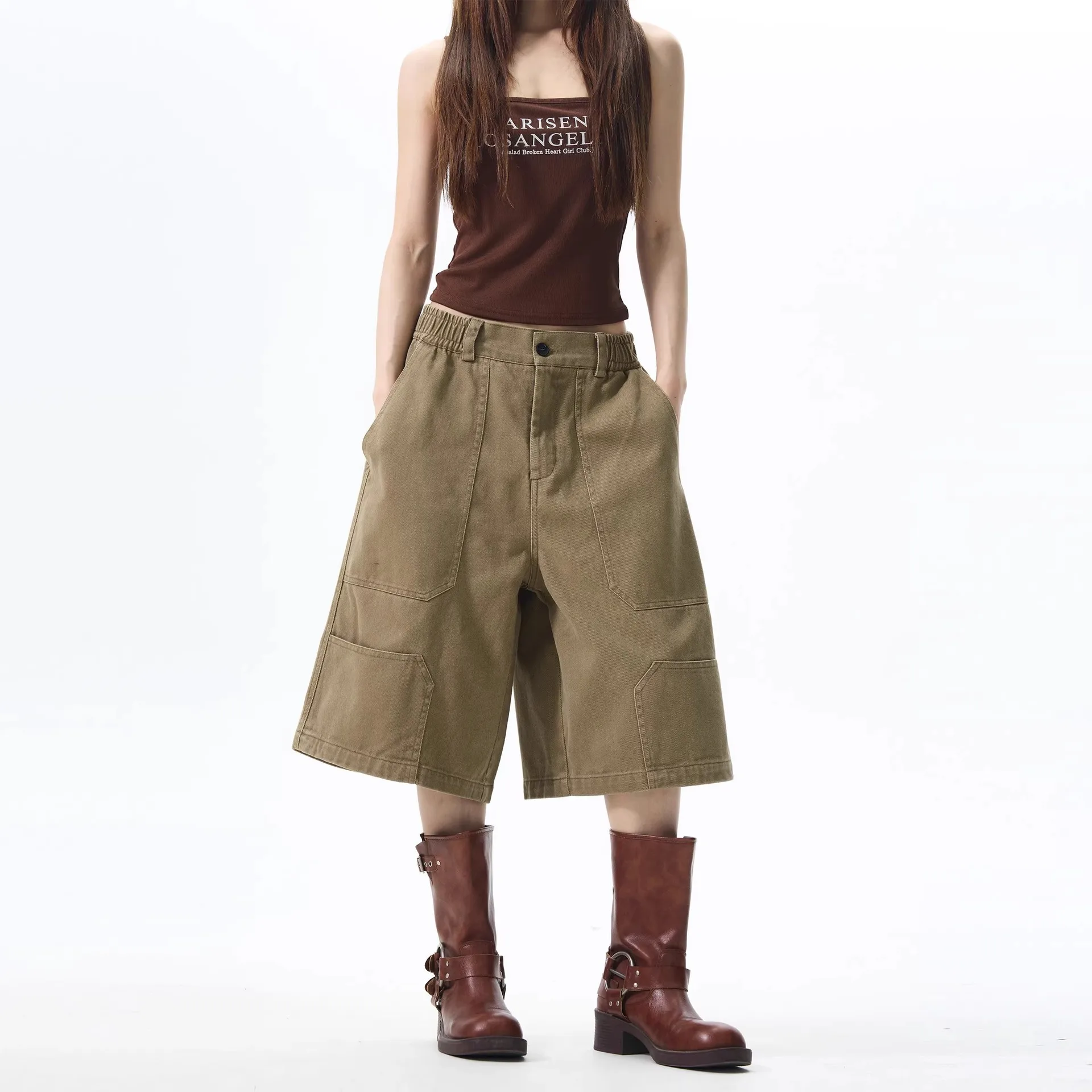 Retro Elastic Waist Women's Summer New Khaki Shorts Tooling Pants Cropped Pants