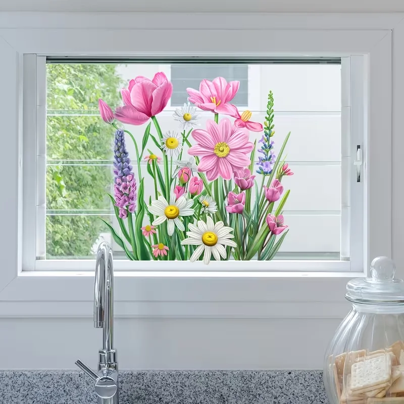 1PC pink daisy window spring home, adhesive free static stickers suitable for home decoration