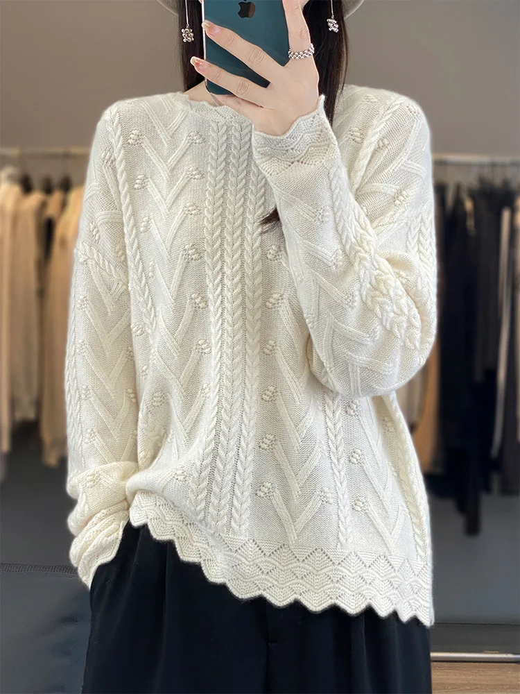 100% Merino Wool Women Sweater Autumn Winter Light Luxury Knitwear Hollow Out Pullover Dot Striped Long Sleeve Soft Clothing Top