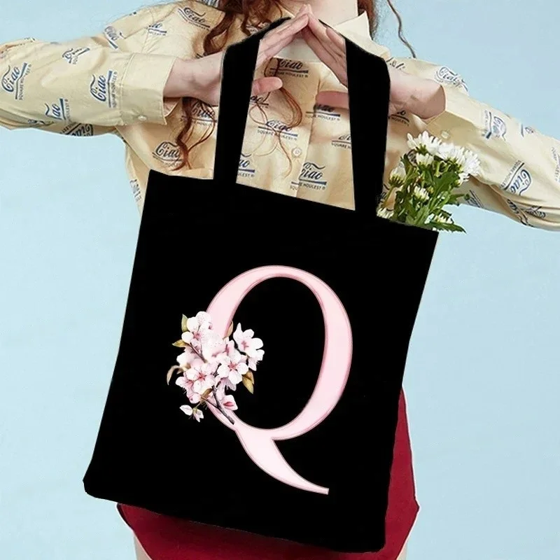 أسود ساكورا الأبجدية قماش حمل حقيبة خمر حقيبة كتف جمالية للنساء الطلاب سعة كبيرة كتاب حقيبة يد صديقة للبيئة