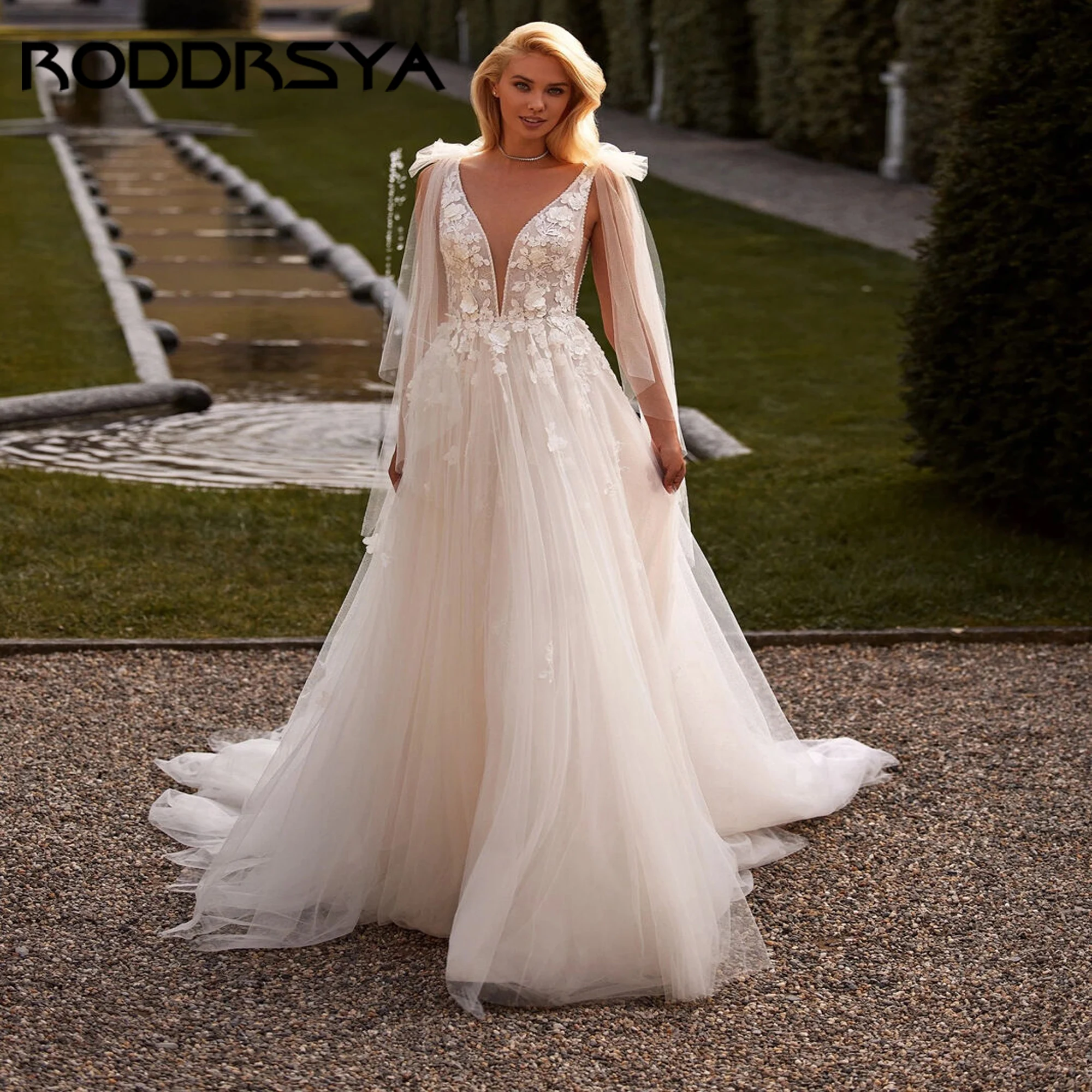 

A-Line Tulle Wedding Dress For Women Long Sleeve Appliques Bow Straps Square Collar Bridal Gown Robe De Mariee 2025 Customized