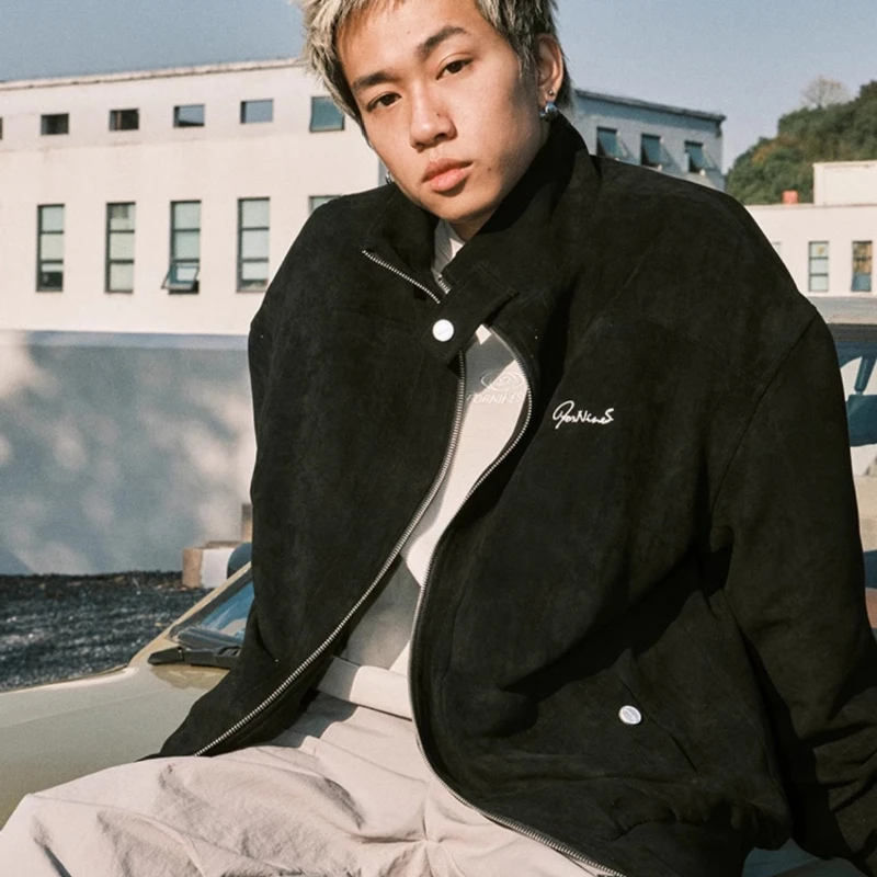 

Vintage Suede Jacket for Men and Women Stand Collar Design Autumn Winter Streetwear Unisex Casual Outerwear Coat