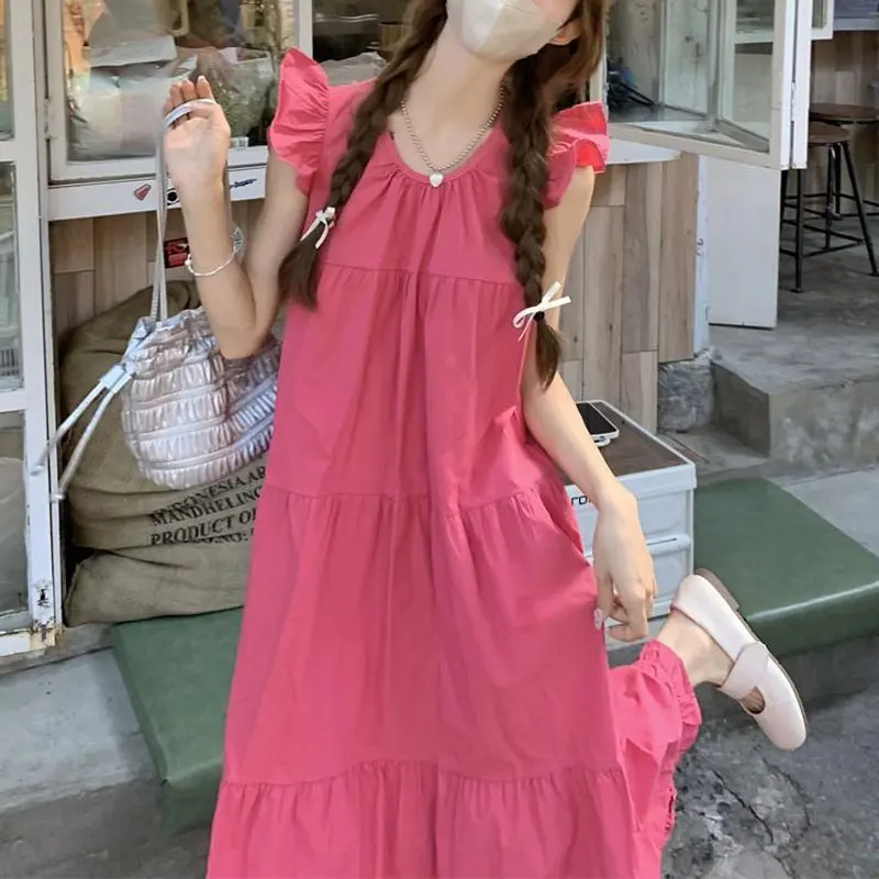 Female Clothing Sweet Flying Sleeve Midi Dress Solid Color Loose Summer Fashion Patchwork Folds Korean A-Line O-Neck Dresses New