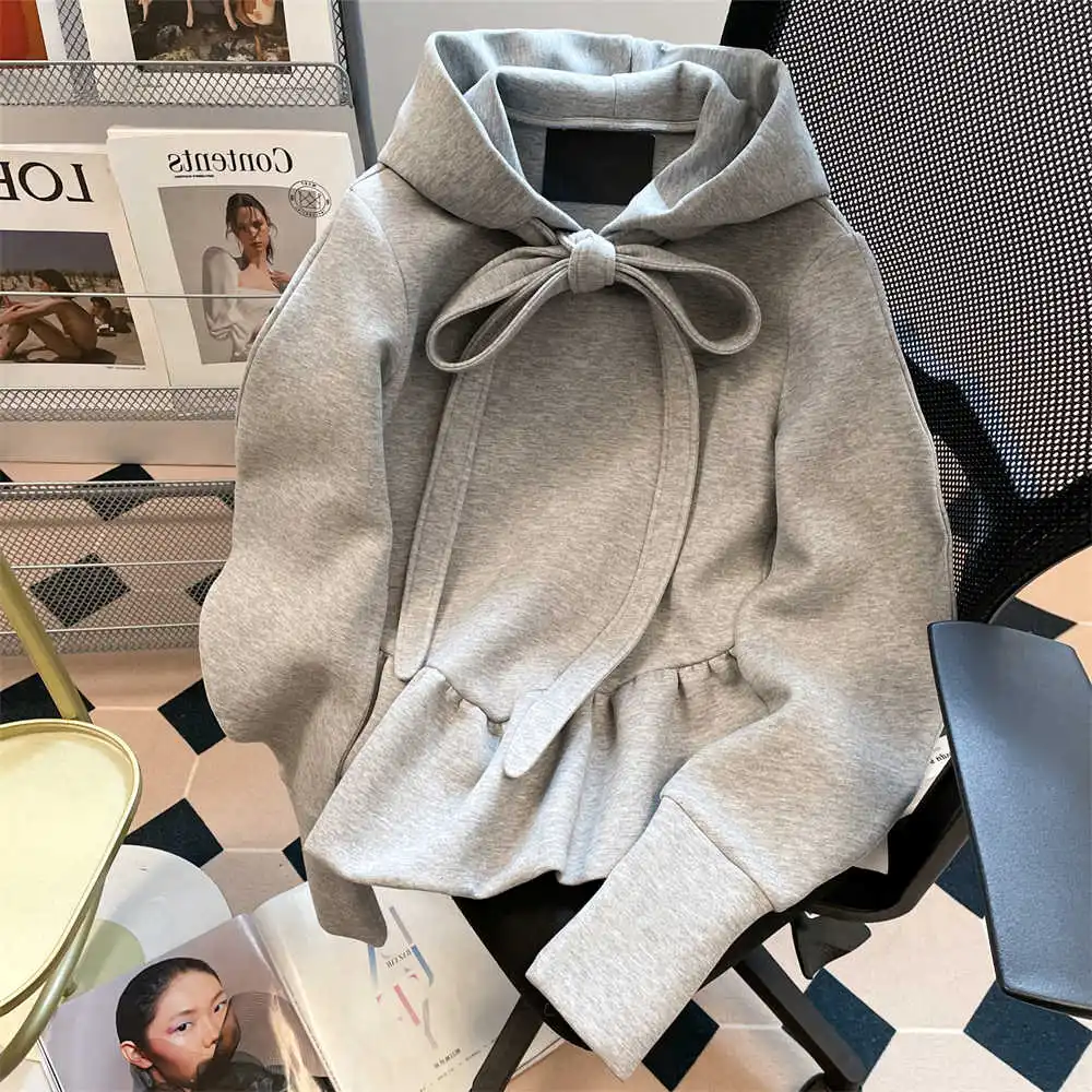 Women's Grey Long Sleeve Bow Hoodies Sweatshirt Streetwear Vintage Harajuku Korean Y2k Fashion Oversize Sweatshirt 2000s Clothes