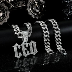 1 Pcs Punk Letter CEO Rhinestone Necklace Pendant Iced Out Hiphop Cool Zinc Alloy Jewelry For Men Boy