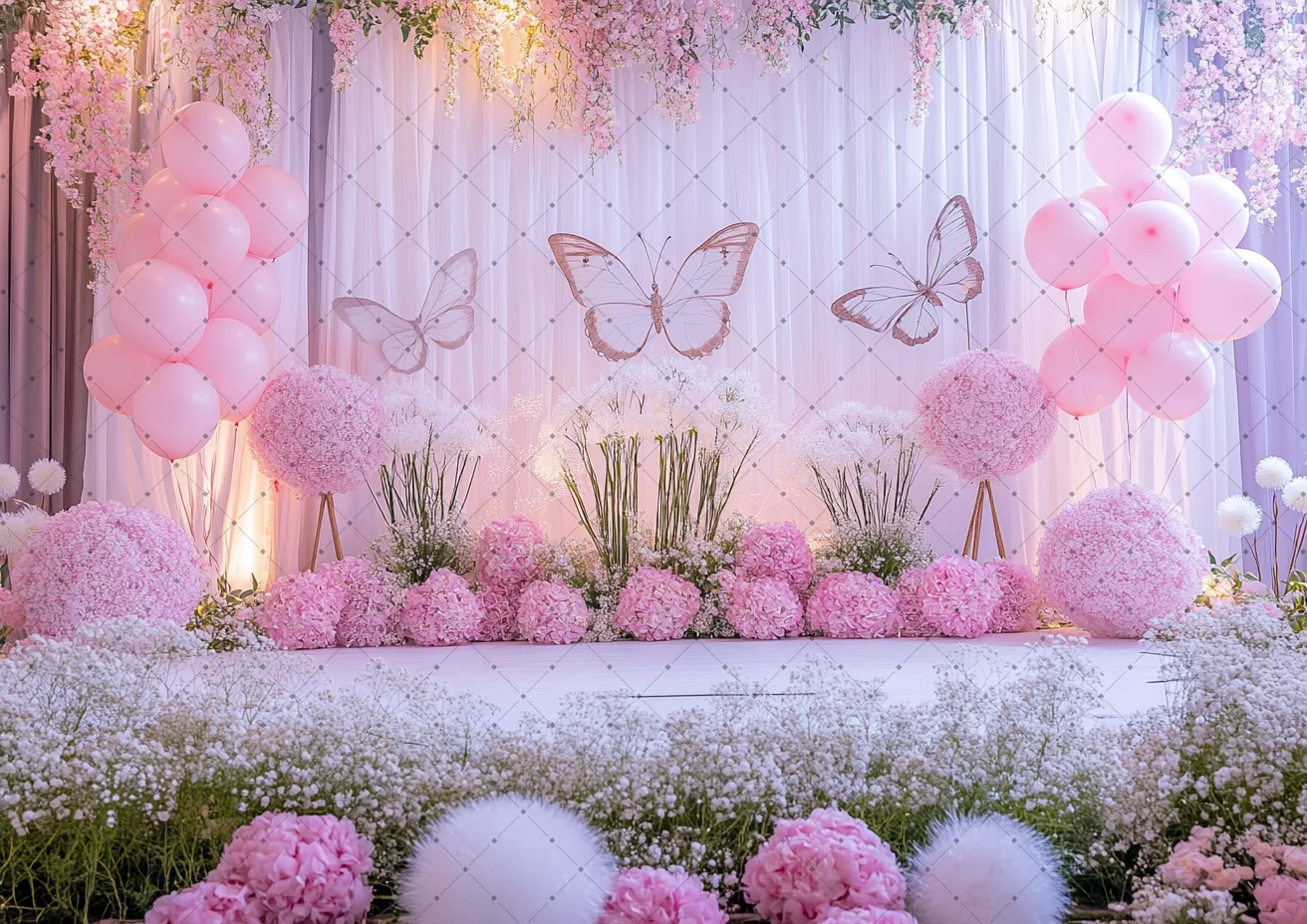 Baby Shower Pink Floral Butterfly Photography Background Arched Balloons Decor Children's Birthday Portrait Photo Shoot Backdrop