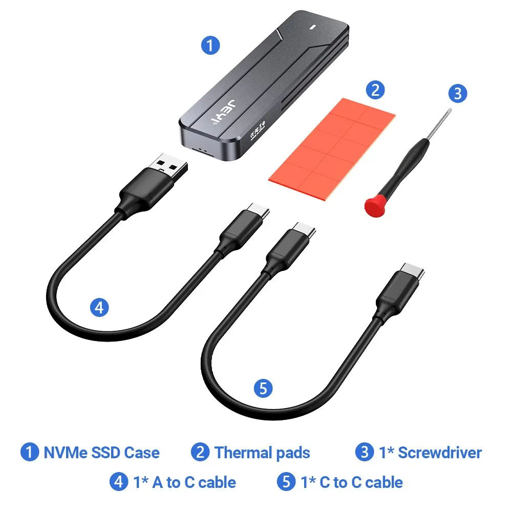 JEYI M.2 NVMe NGFF SSD Enclosure, Full aluminium USB 3.2 Gen 2 10gbps PCIe o SATA 6gbps M-Key B- Key M.2 Case Support Trim UASP