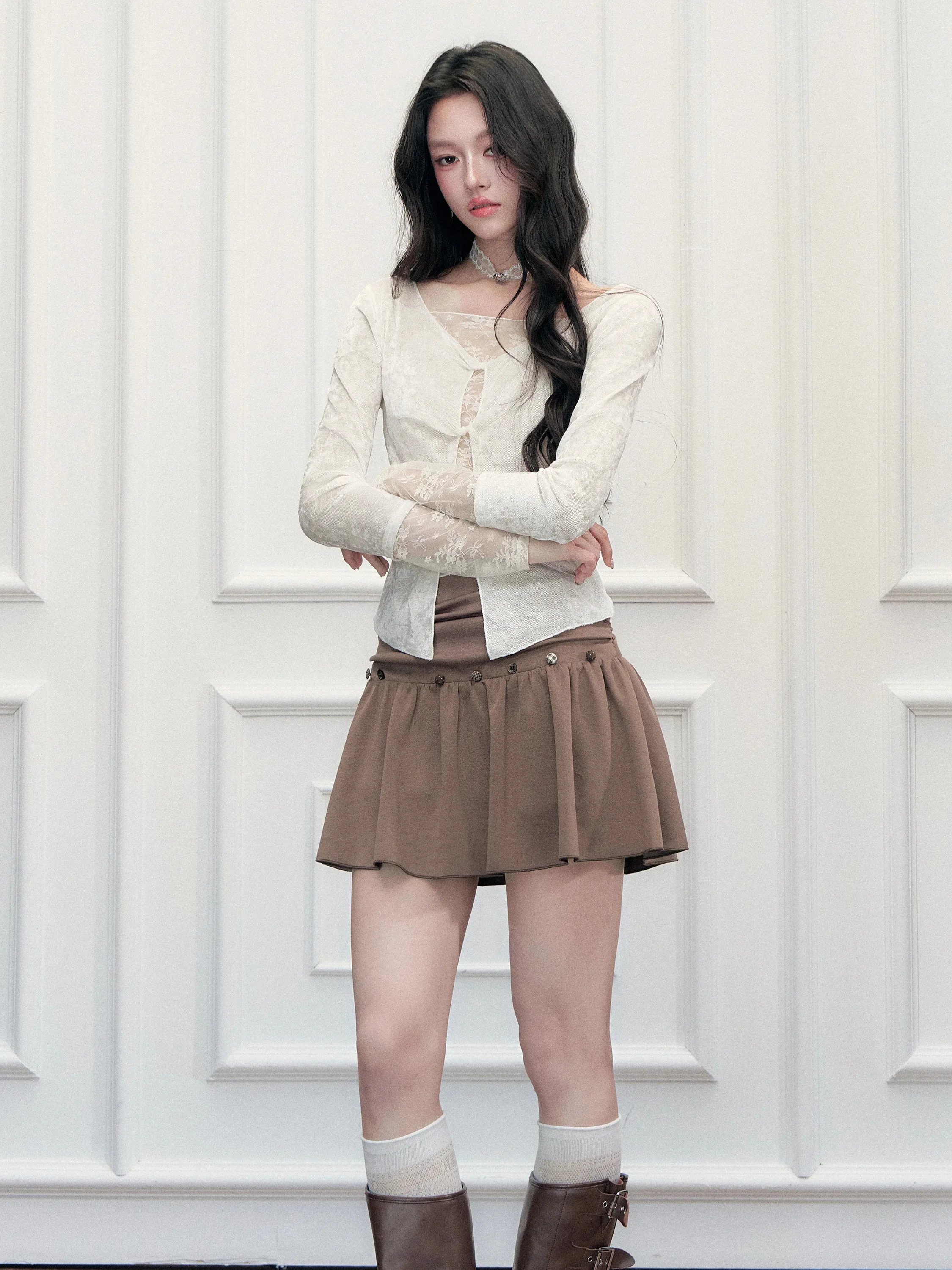 Fragile Heart Sweet Heavy Embroidery Short Skirt Coffee Button High Waist A-Line Skirt Korean Style Breathable Skin-Friendly