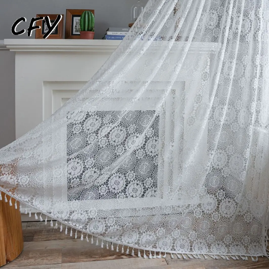 

Sunflower Crochet Lace Window Curtain with Tassel Valance for The Luxury Living Room Easy Drape Curtains for Living Room