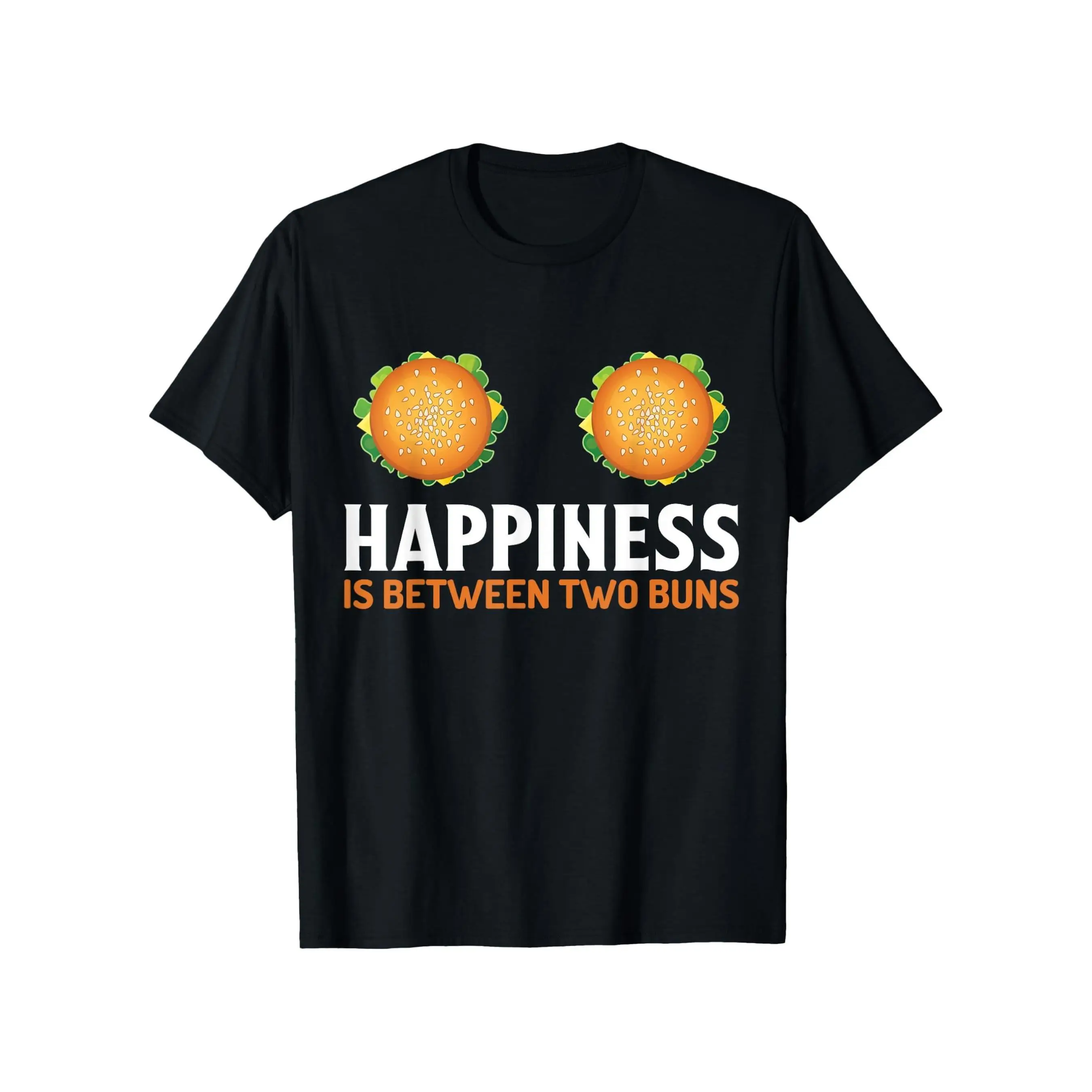 

Funny Hamburger T-Shirt "HAPPINESS IS BETWEEN TWO BUNS" Food Lover Graphic Tee Men Women Casual Summer Cotton Top Gift
