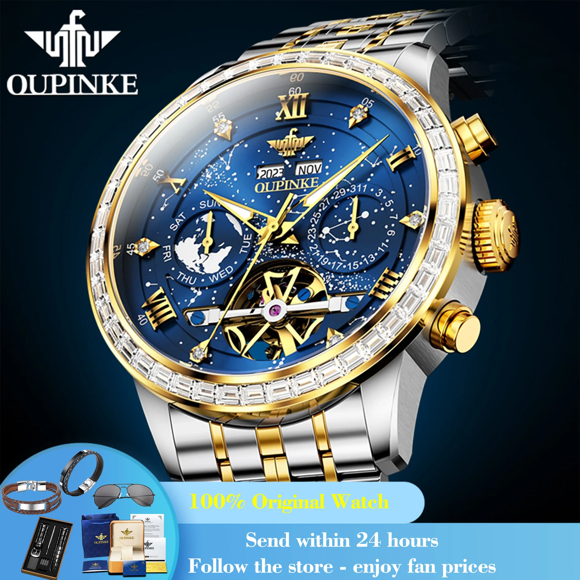 

OUPINKE 3255 Automatic Watch Man Fashion Waterproof Mechanical Watch For Men Starry Sky Dial Hollow Luminous Business Wristwatch