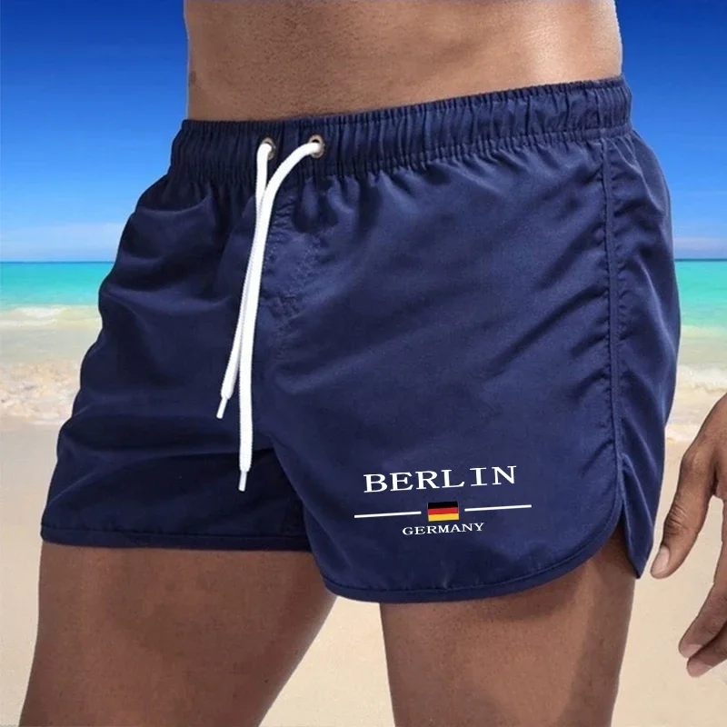 Men's Quick Dry Beach Shorts with Berlin Logo, Elastic Waist Drawstring Lightweight Swim Trunks for Summer Vacation Casual Wear