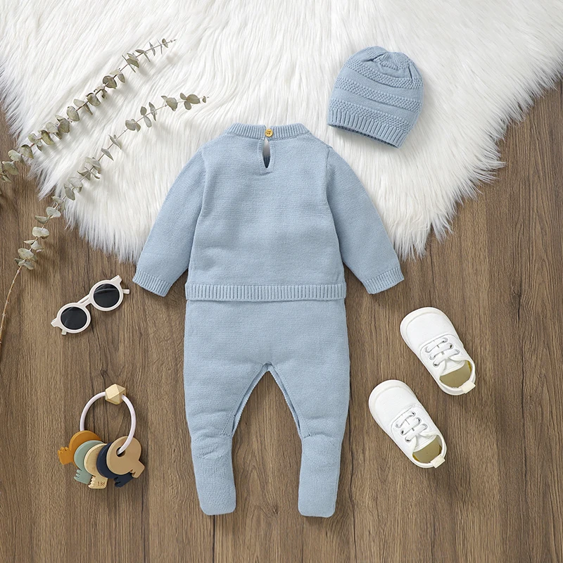 Newborn Baby Romper Hat Sets Knit Infant Boy Jumpsuit Long Sleeve Cute Bear Toddler Clothes 2PC Overalls 0-9M Playsuit Warm Fall