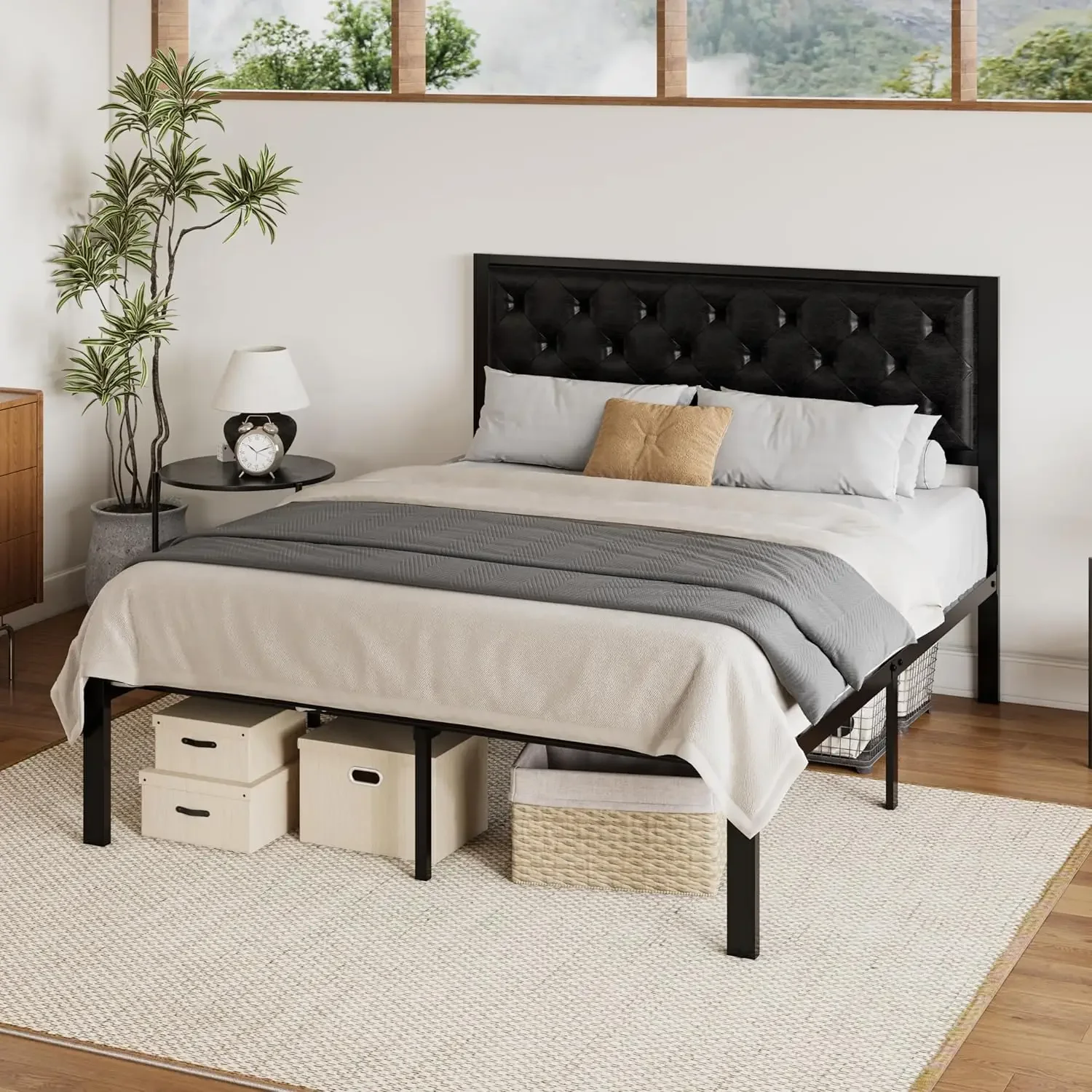 Metal Platform Bed Frame with Faux Leather Upholstered Button, Tufted Headboard