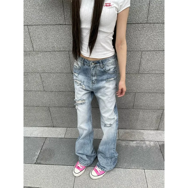 Y2k American Retro Washed Faux Distressed Stacked Jeans Unisex New Loose Straight Leg Versatile Slimming Denim Women Pants