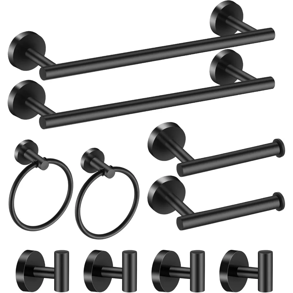 

Black Bathroom Hardware 10-Piece Set: Matte Black Stainless Steel Towel Bar Rack with 2 x 16'' Bars and 4 Additional Pieces