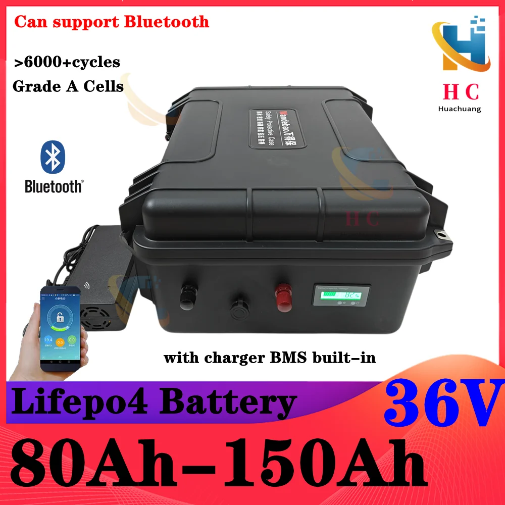 36V LiFepo4 100Ah 80Ah 120Ah 150Ah Lithium Battery with Bluetooth BMS 12S for Ttrolling Motor Propeller Boat Solar System