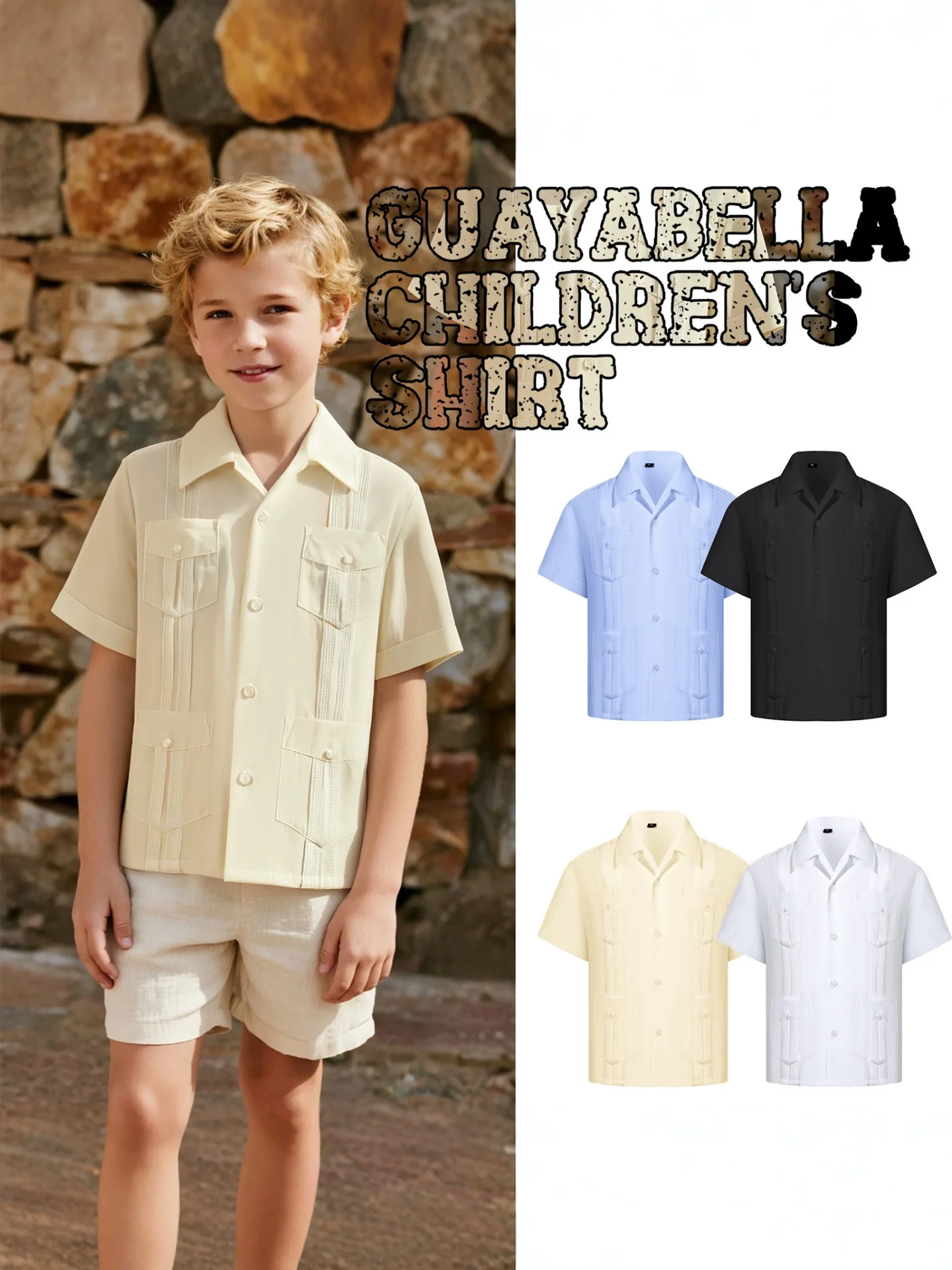Summer Embroidery Short Sleeve Lapel Boy Shirt Cuban Guayabera T-Shirt with 4 Pockets Safari Wear Casual Child Cardigan S-XL