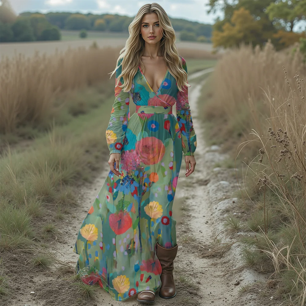 فستان بوهو شيك عميق على شكل حرف v مطبوع عليه زهور فستان ماكسي بأكمام طويلة وحاشية مكشكشة لقضاء العطلات فستان طويل مثير للخريف والشتاء #5