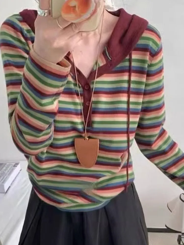 

Early Autumn Hooded Striped Color Blo Women's Knitted Sweater Long Sve Casual Korean Sle Versatile Woolen Top