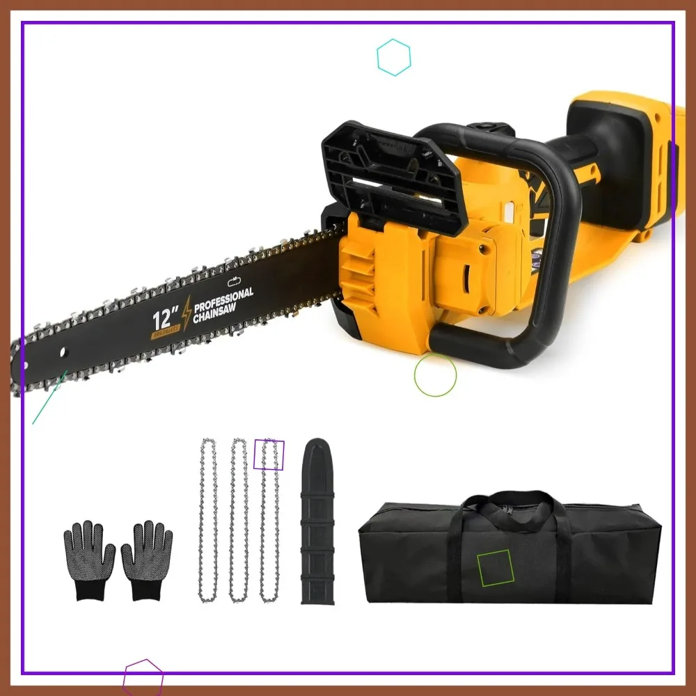 Motosserra elétrica sem escova sem fio de 12" com lubrificador automático e trava de segurança, leve para aparar árvores e corte de madeira